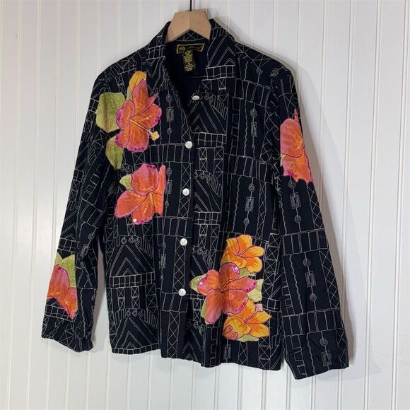 Mirasol M Floral Embroidered Jacket Black Cotton Linen Boho Artsy Button Shirt - Picture 2 of 9